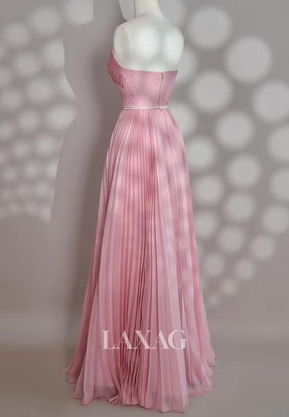 Off-Shoulder Sleeveless A-Line Evening Dress Sweetheart Beaded Pleated Chiffon Formal Gowns