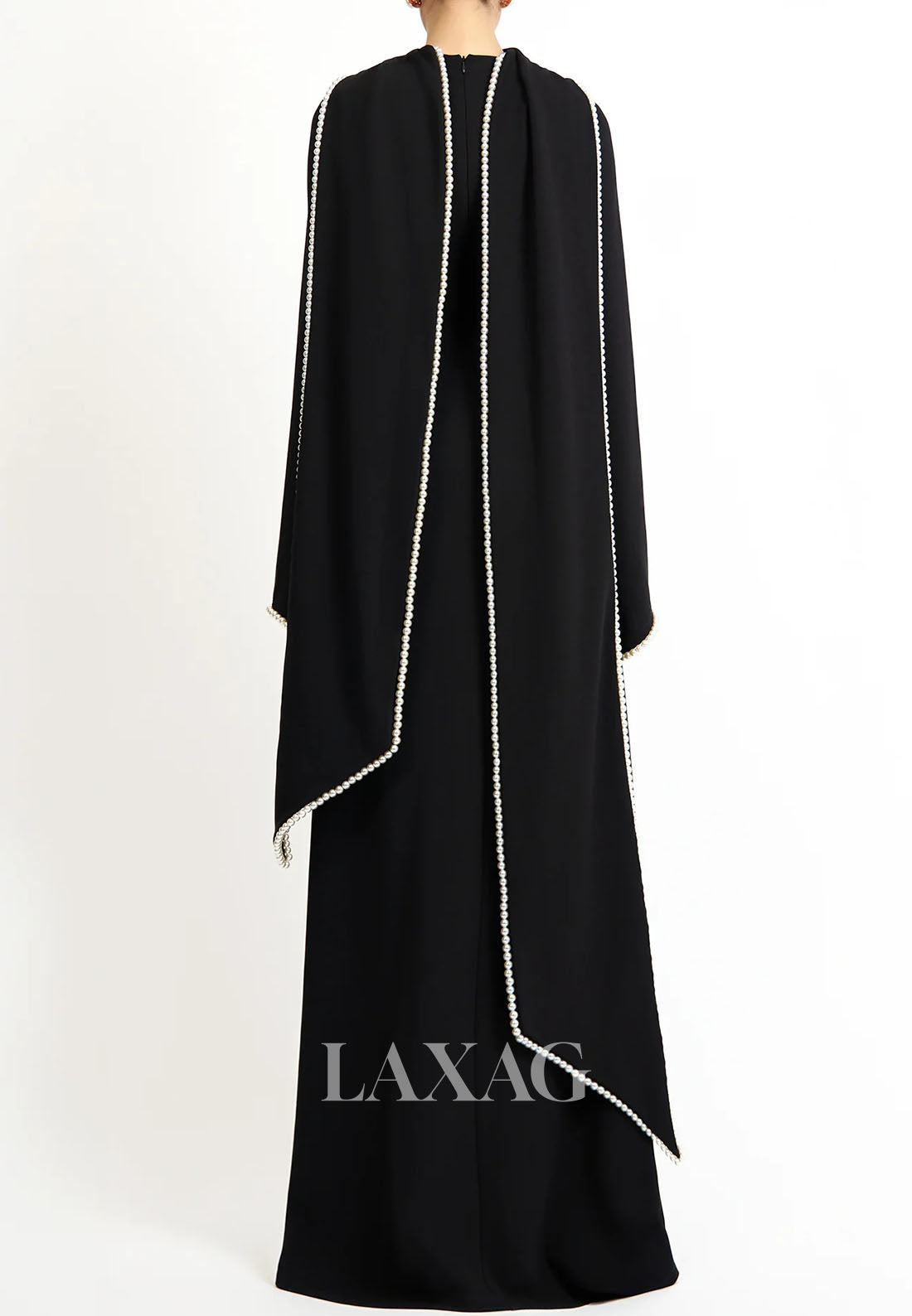 Scoop-Neck Long-Sleeves Pearls Satin Floor-Length Simple Fitted Formal Evening Dress with Overlay