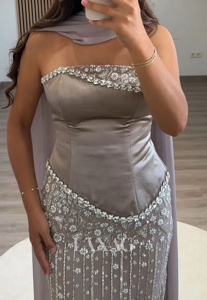 Off-Shoulder Tube Top Sleeveless Rhinestone Sequined Floor-Length Mermaid Evening Dress