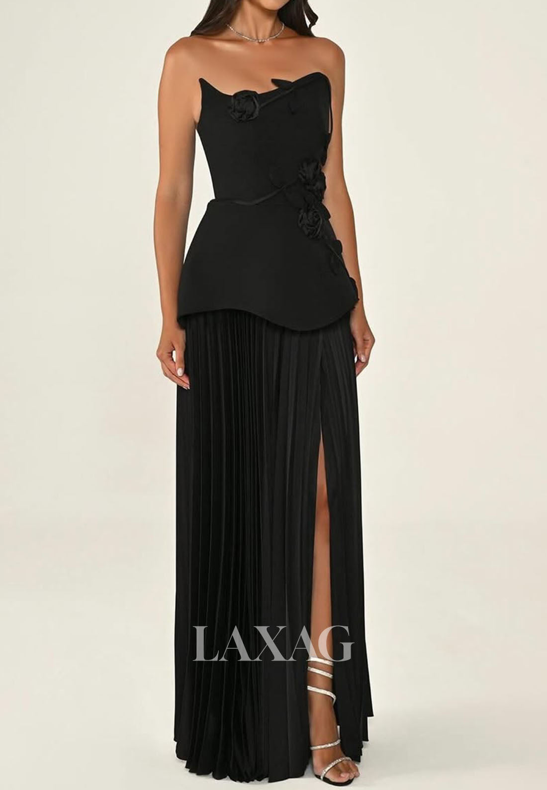 Asymmetrical-Neck Sleeveless Fitted Evening Dress Floral Embellished Two Tone Formal Gowns