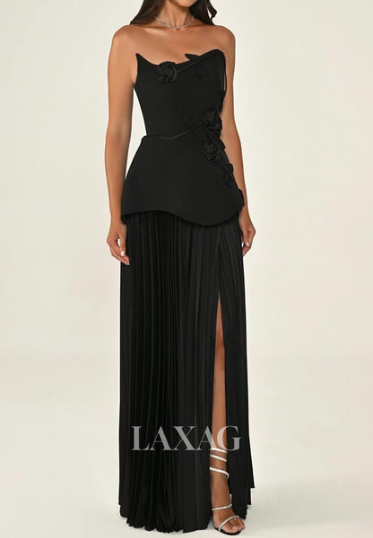 Asymmetrical-Neck Sleeveless Fitted Evening Dress Floral Embellished Two Tone Formal Gowns