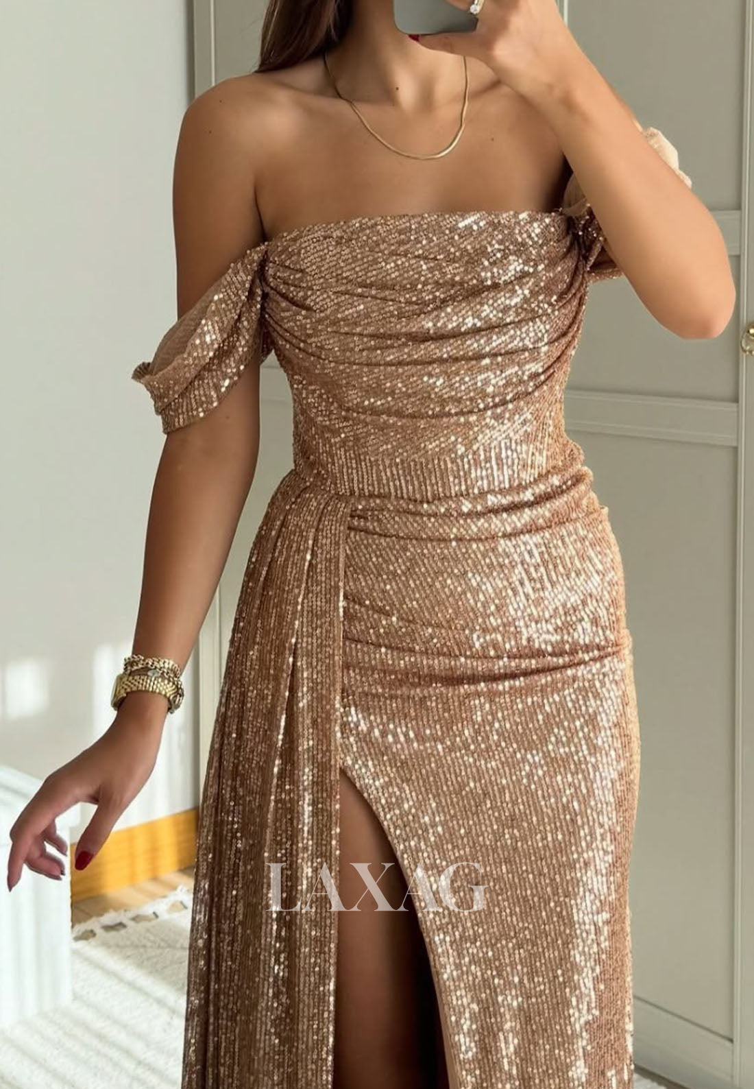 Bateau-Neck Off-Shoulder Sleeveless Fully Sequined Pleated High Slit Mermaid Evening Dress