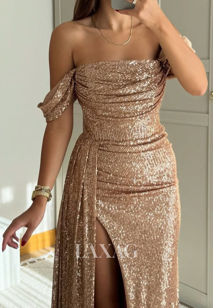 Bateau-Neck Off-Shoulder Sleeveless Fully Sequined Pleated High Slit Mermaid Evening Dress