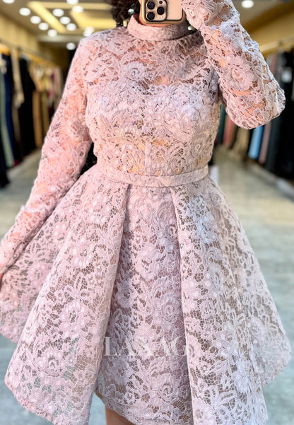 High-Neck Long-Sleeves Allover Lace Pleated Party Short A-Line Party Homecoming Dress