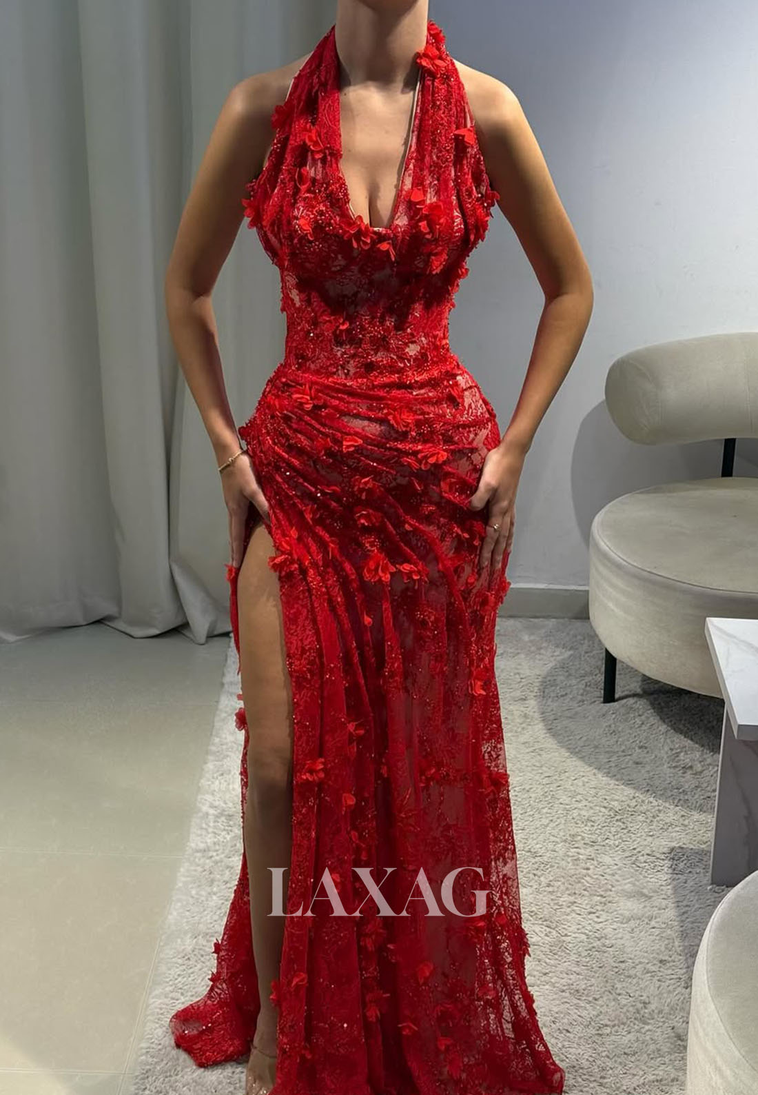 Halter V-Neck Sleeveless Floral Embellished Sequined Beaded Allover Lace Mermaid Prom Dress