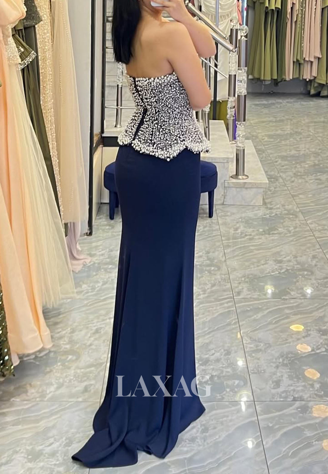 Tube Top Off-Shoulder Sleeveless Pearls Beaded Satin Floor-Length Mermaid Formal Evening Dress