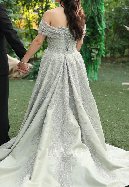 Bateau-Neck Off-Shoulder Mermaid Evening Dress Fully Sequined Beaded Pleated Satin Gormal Gowns