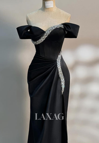 Sweetheart Off-Shoulder Beaded Formal Gowns Pleated Satin Floor-Length Evening Dress with Slit