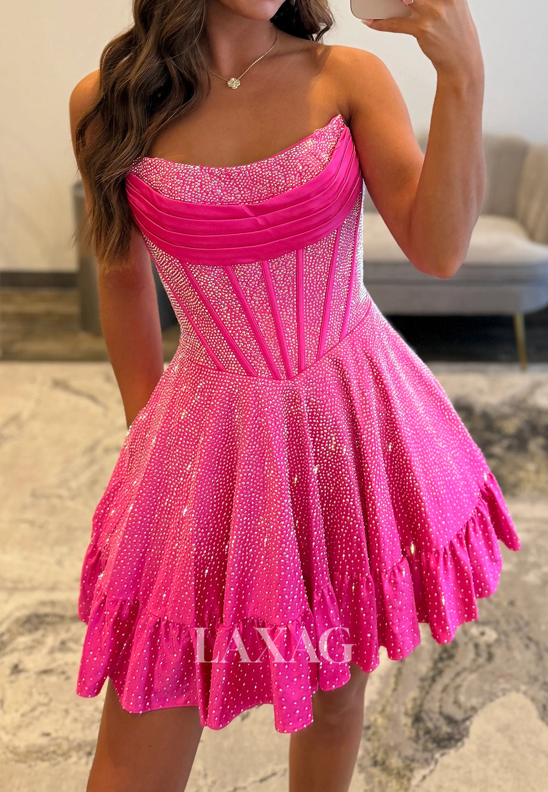 Scoop-Neck Off-Shoulder Sleeveless Pleated Fully Beaded A-Line Party Homecoming Dress