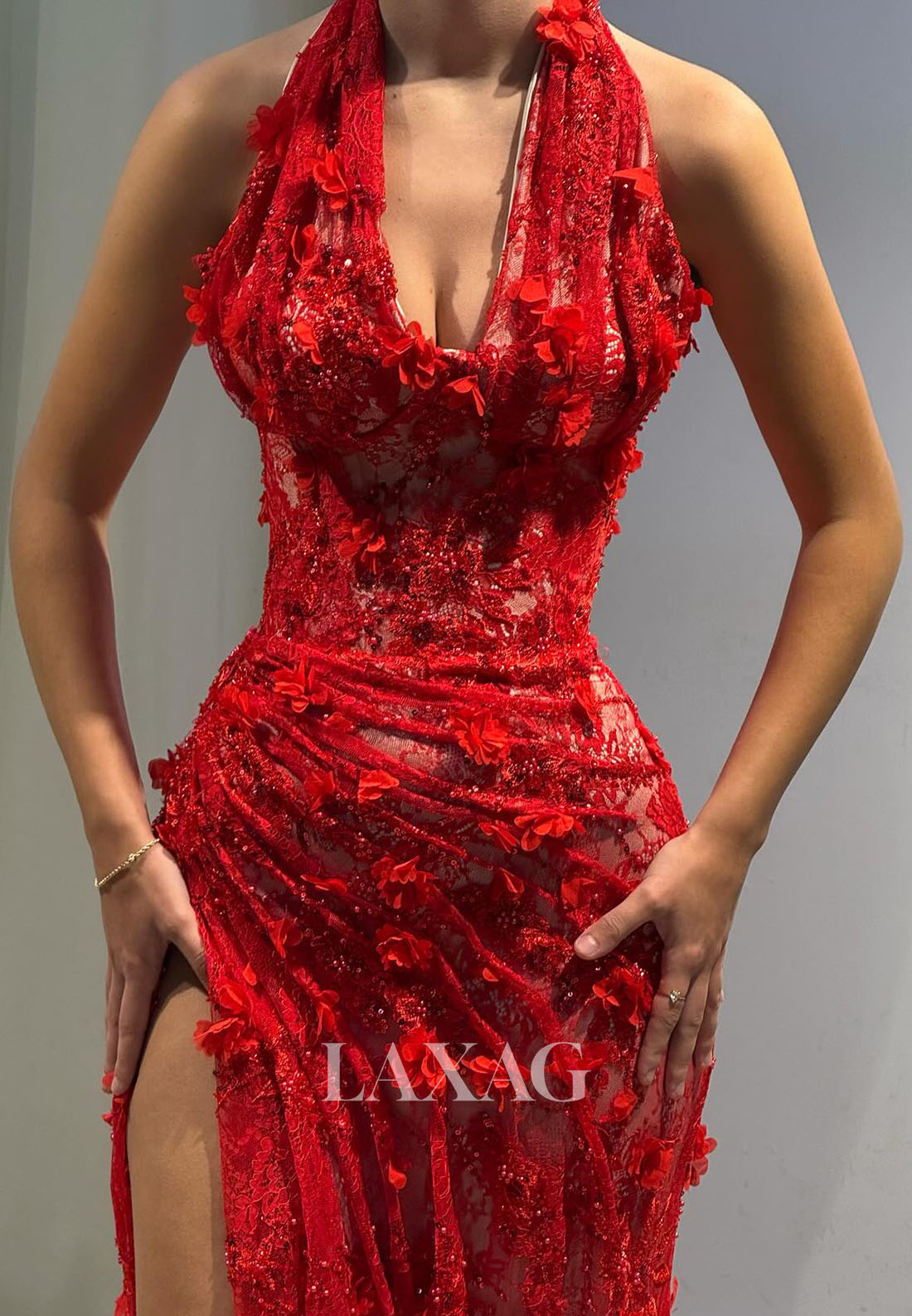 Halter V-Neck Sleeveless Floral Embellished Sequined Beaded Allover Lace Mermaid Prom Dress