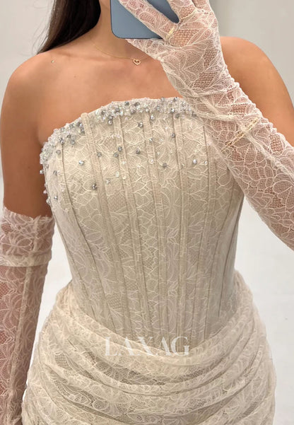 Off-Shoulder Pleated Allover Lace Formal Gowns Tube Top Sleeveless Beaded Mermaid Evening Dress