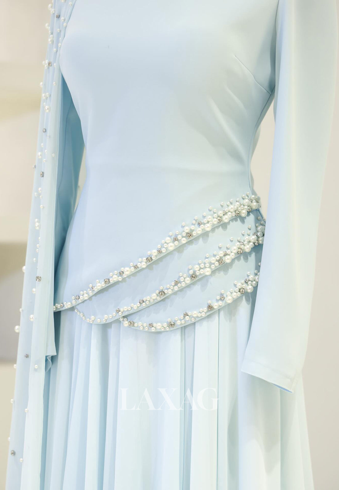 High-Neck Long-Sleeves Pearls Beaded Chiffon Pleated Floor-Length Fitted Evening Dress