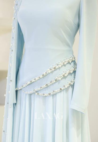 High-Neck Long-Sleeves Pearls Beaded Chiffon Pleated Floor-Length Fitted Evening Dress