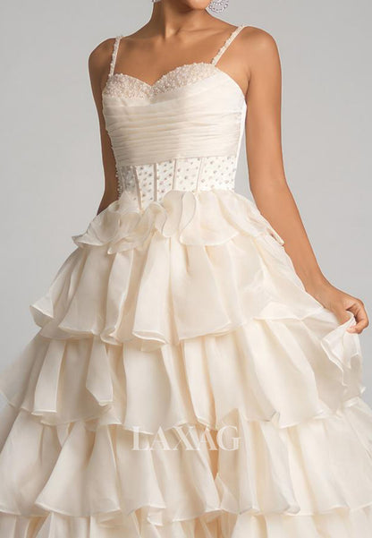 Sweetheart Spaghetti Straps Tiered A-Line Prom Dress Sleeveless Beaded Pleated Chiffon Party Gowns