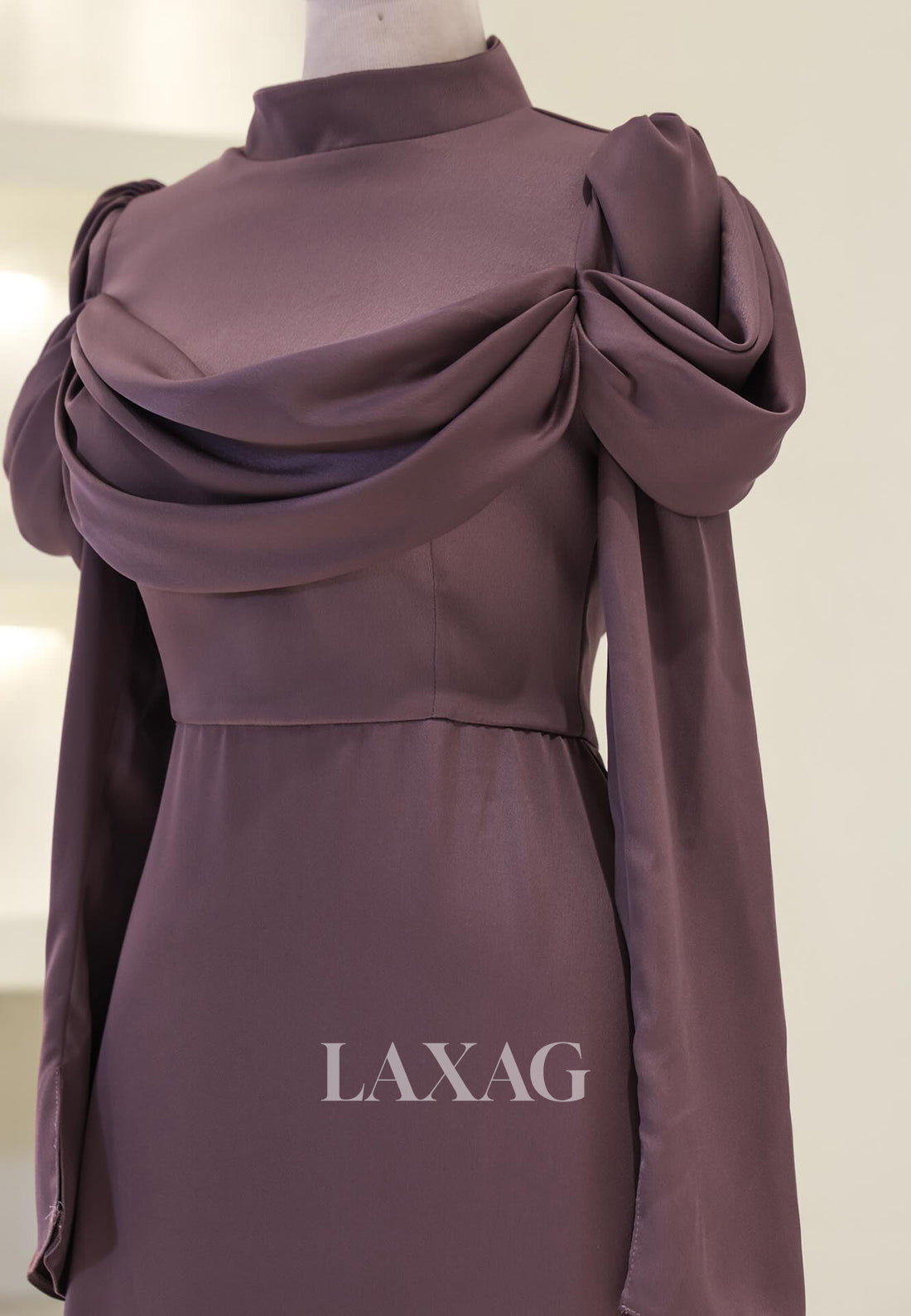 High-Neck Long-Sleeves Satin Pleated Floor-Length Simple Fitted Evening Dress