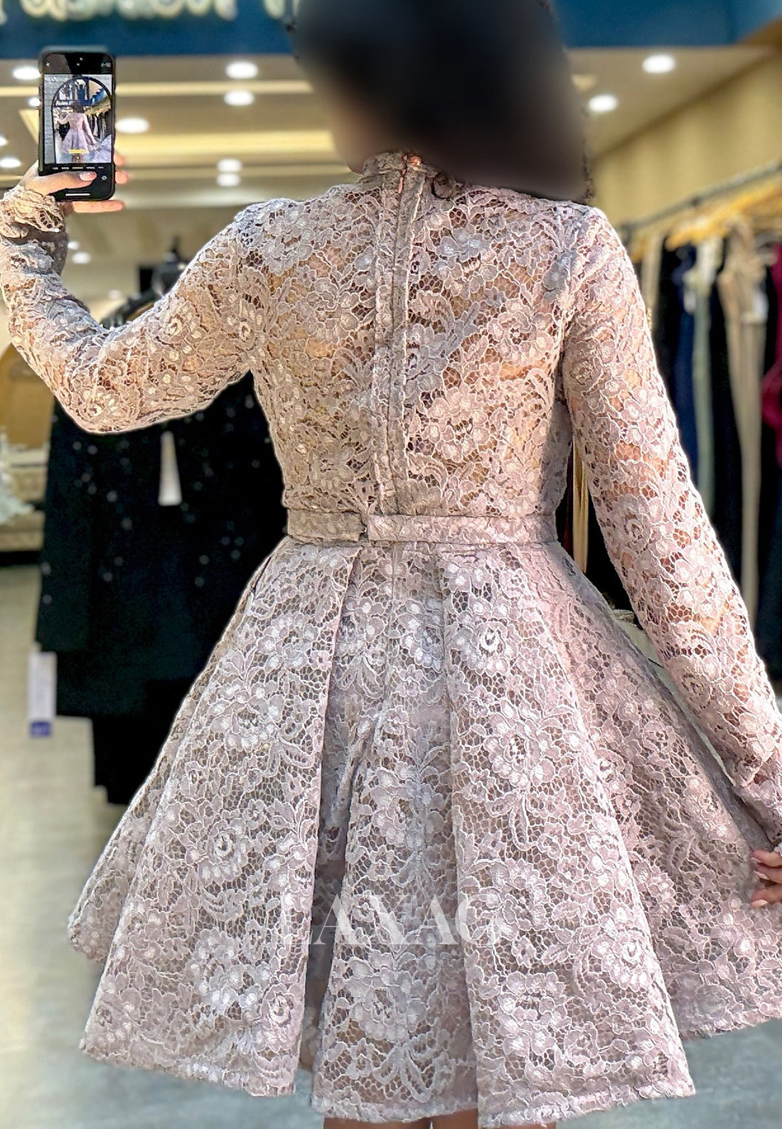 High-Neck Long-Sleeves Allover Lace Pleated Party Short A-Line Party Homecoming Dress