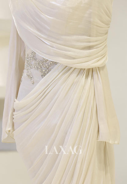 Scoop-Neck Long-Sleeves Rhinestone Beaded Chiffon Pleated Floor-Length Mermaid Evening Dress