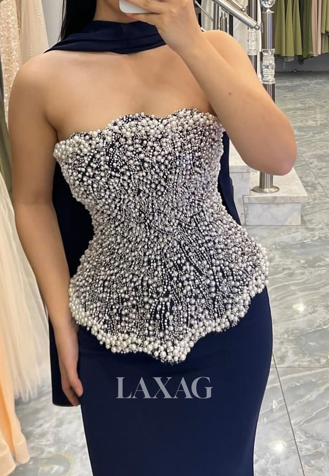 Tube Top Off-Shoulder Sleeveless Pearls Beaded Satin Floor-Length Mermaid Formal Evening Dress