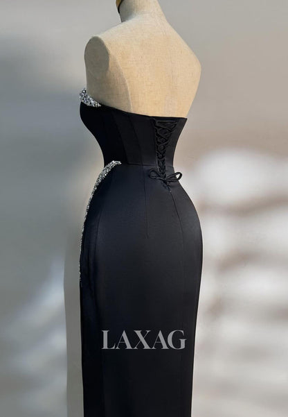 Sweetheart Off-Shoulder Beaded Formal Gowns Pleated Satin Floor-Length Evening Dress with Slit