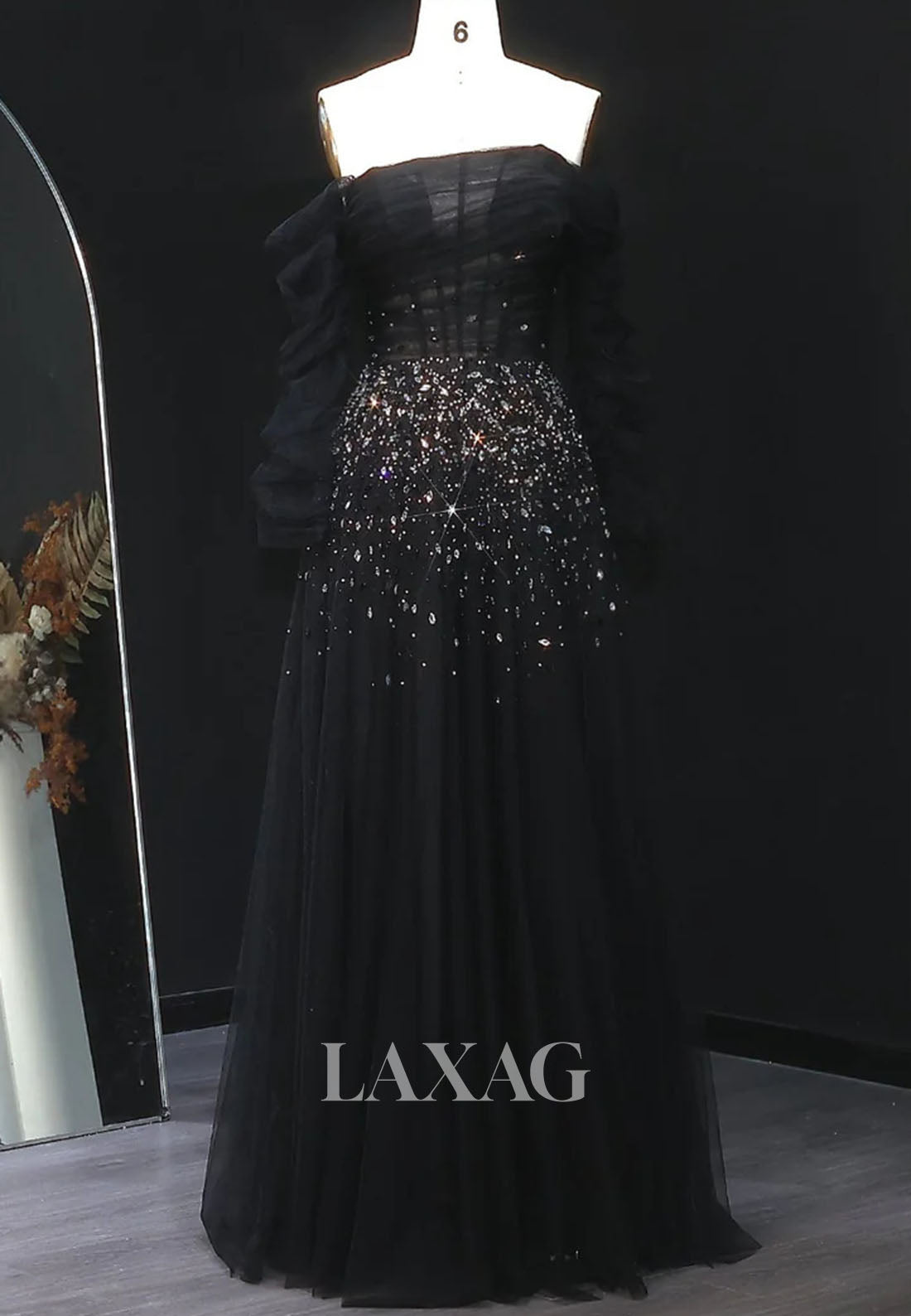 Asymmetrical-Neck Long-Sleeves A-Line Evening Dress Rhinestone Beaded Pleated Tulle Formal Gowns