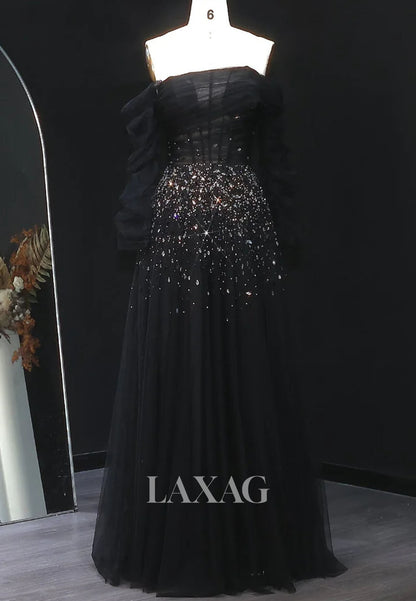 Asymmetrical-Neck Long-Sleeves A-Line Evening Dress Rhinestone Beaded Pleated Tulle Formal Gowns
