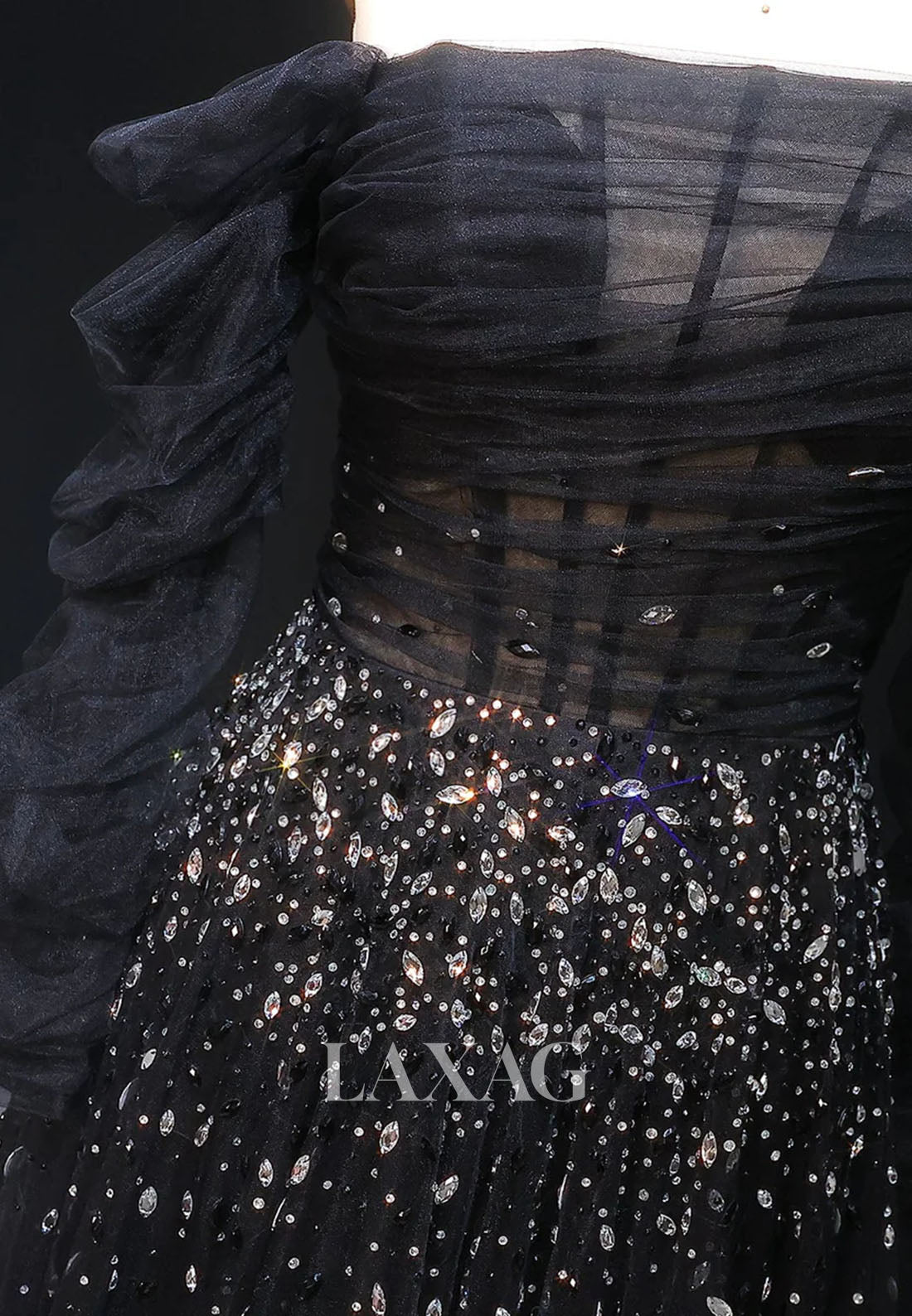 Asymmetrical-Neck Long-Sleeves A-Line Evening Dress Rhinestone Beaded Pleated Tulle Formal Gowns