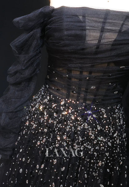 Asymmetrical-Neck Long-Sleeves A-Line Evening Dress Rhinestone Beaded Pleated Tulle Formal Gowns