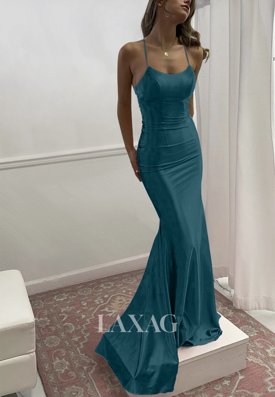 Simple Scoop-Neck Spaghetti Straps Sleeveless Pleated Mermaid Prom Dress with Sweep Train