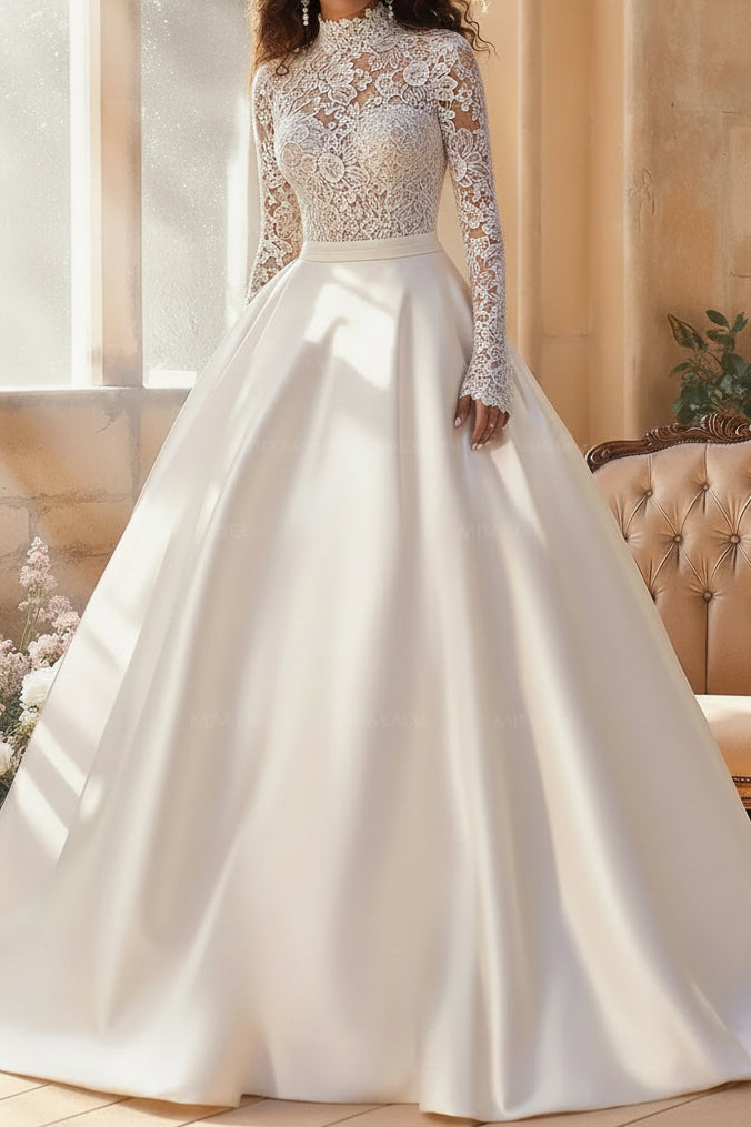Plunging Illusion Long-Sleeves Applique Satin&Tulle Pleated Sheer A-Line Wedding Dress