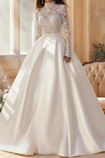 Plunging Illusion Long-Sleeves Applique Satin&Tulle Pleated Sheer A-Line Wedding Dress