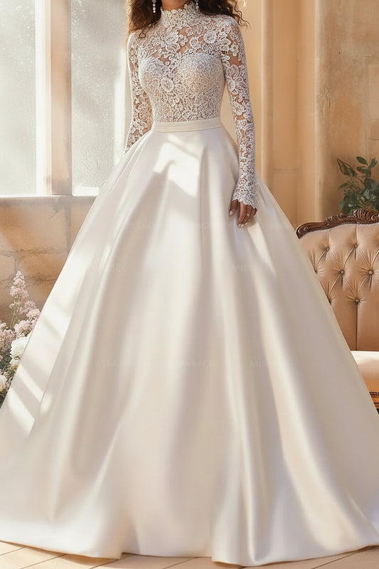 Plunging Illusion Long-Sleeves Applique Satin&Tulle Pleated Sheer A-Line Wedding Dress
