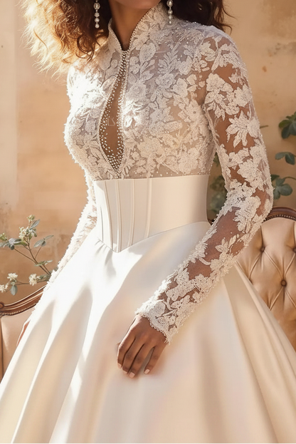 Plunging Illusion Long-Sleeves Applique Satin&Tulle Pleated Sheer A-Line Wedding Dress