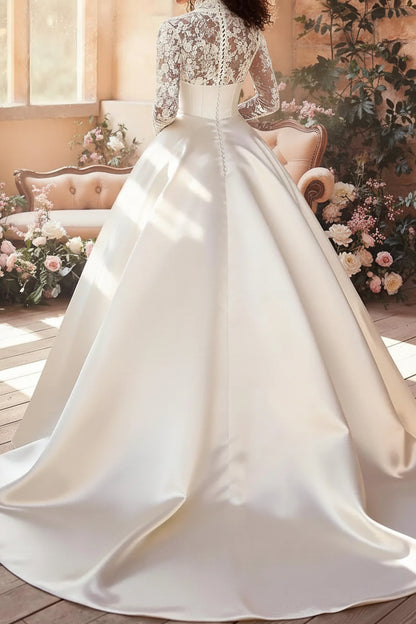 Plunging Illusion Long-Sleeves Applique Satin&Tulle Pleated Sheer A-Line Wedding Dress