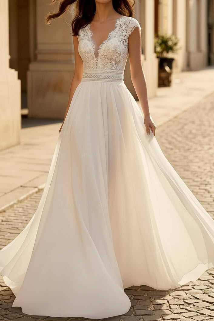 Deep V-Neck Straps Sleeveless Applique Lace&Chiffon Pleated A-Line Wedding Dress