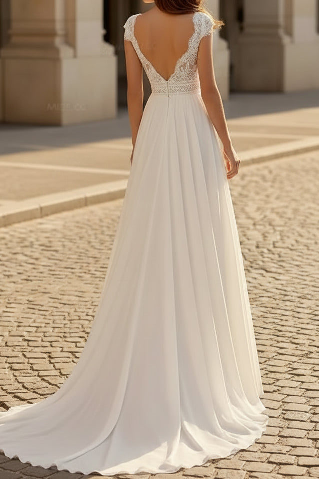 Deep V-Neck Straps Sleeveless Applique Lace&Chiffon Pleated A-Line Wedding Dress