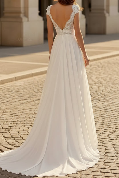 Deep V-Neck Straps Sleeveless Applique Lace&Chiffon Pleated A-Line Wedding Dress