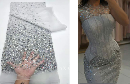 High-Neck Off-Shoulder Sleeveless Mermaid Prom Dress Beaded Floor-Length Lace Party Gowns