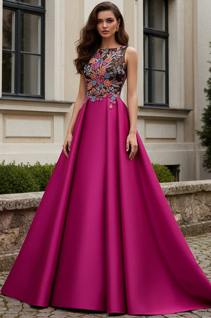 Scoop-Neck Sleeveless Sequined Beaded Satin Pleated A-Line Mother of the Bride Dress