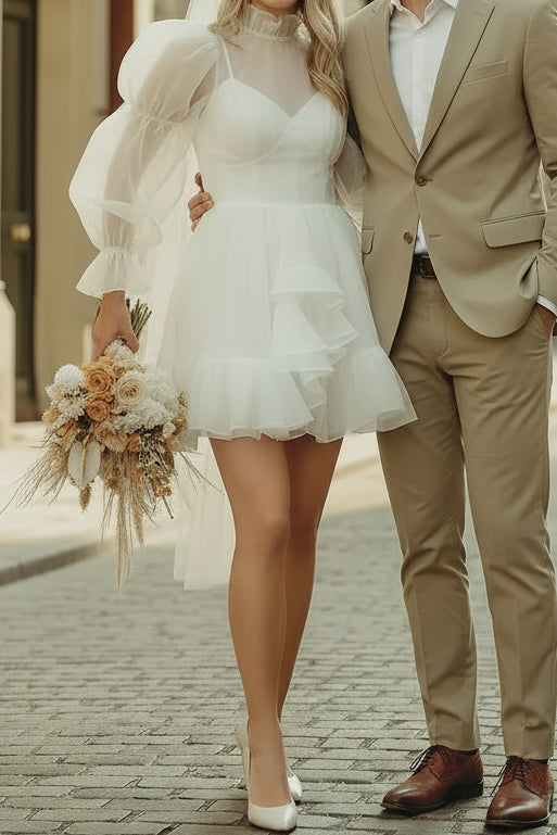 High-Neck Long-Sleeves Chiffon Pleated Tiered Short A-Line Beach Wedding Dress