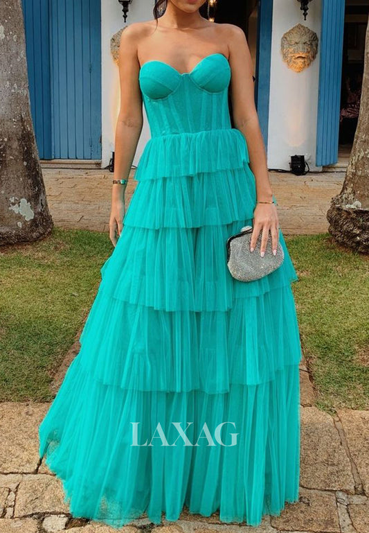Sweetheart Sleeveless Off-Shoulder Floor-Length Pleated Tulle Tiered Long Formal Evening Dress