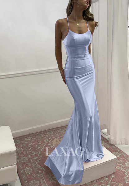 Simple Scoop-Neck Spaghetti Straps Sleeveless Pleated Mermaid Prom Dress with Sweep Train