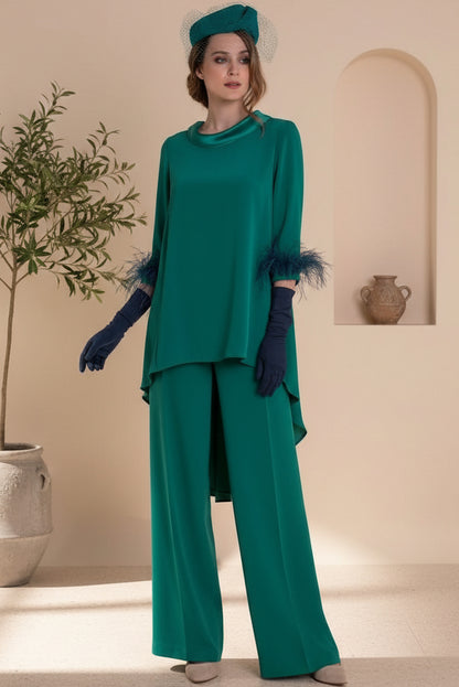 Scoop-Neck 3/4-Sleeves Feathered Chiffon Pleated Fitted Mother of the Bride Jumpsuit