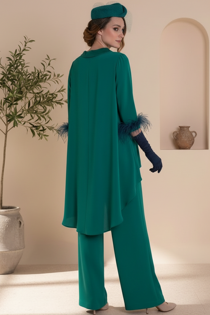 Scoop-Neck 3/4-Sleeves Feathered Chiffon Pleated Fitted Mother of the Bride Jumpsuit