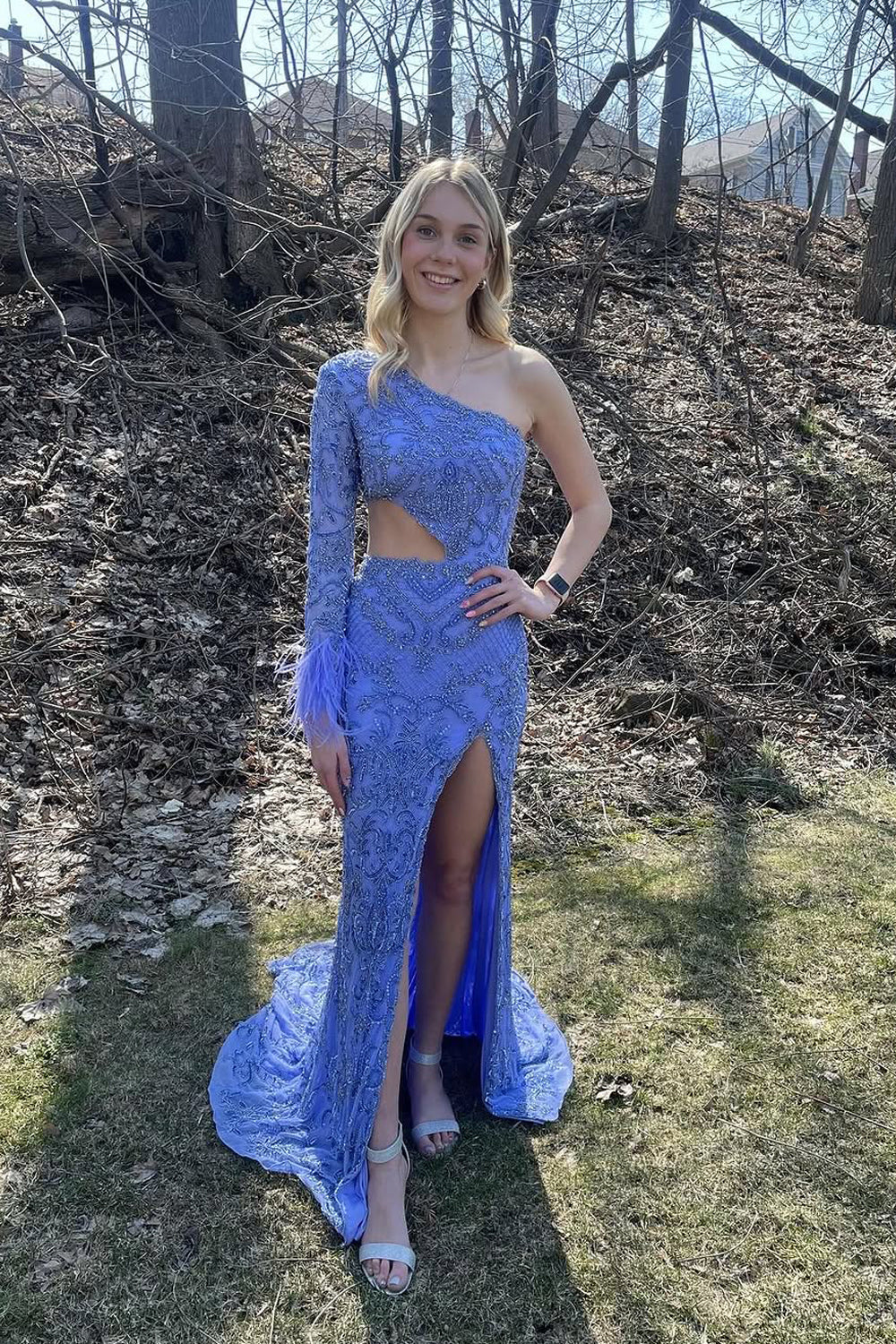 Asymmetrical-Neck One-Long-Sleeve Mermaid Prom Dress Fully Sequined Beaded Party Gowns