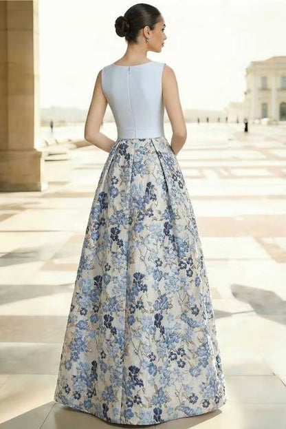 Floor-Length V-Neck Straps Sleeveless Jacquard Satin Pleated A-Line Evening Dress