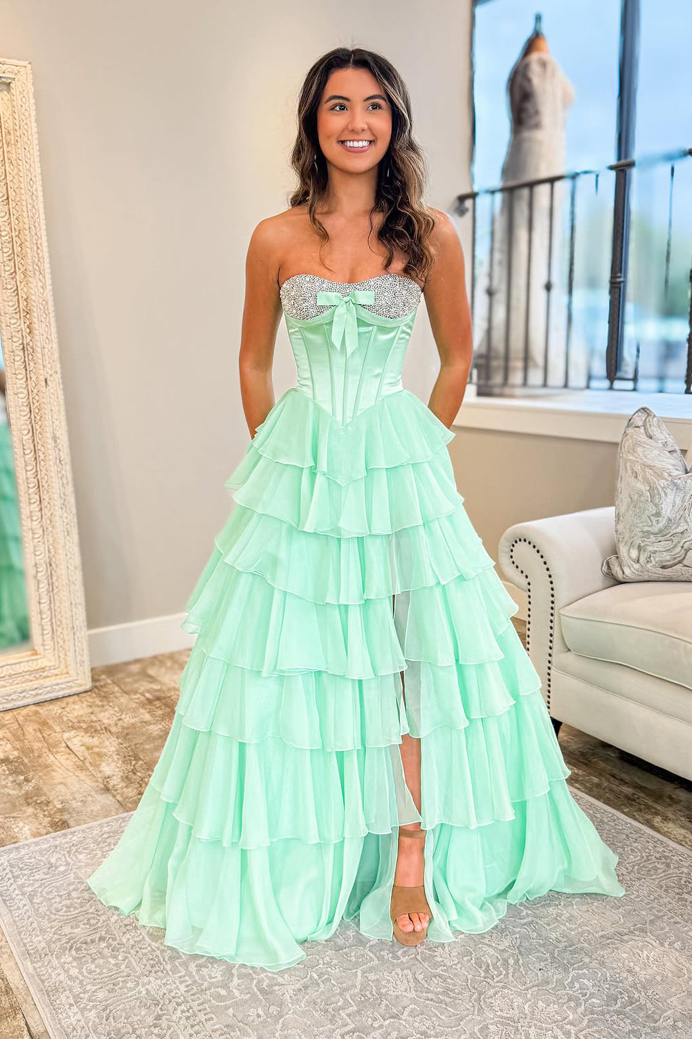 Sweetheart Off-Shoulder Beaded Chiffon Pleated Tiered A-Line Prom Dress with Slit
