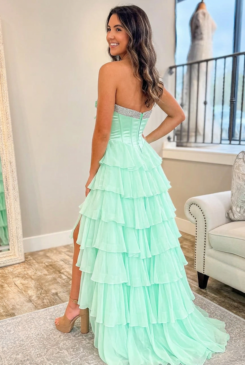 Sweetheart Off-Shoulder Beaded Chiffon Pleated Tiered A-Line Prom Dress with Slit