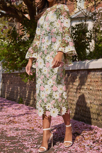 Scoop-Neck Long-Sleeves Multi-Color Jacquard Tea-Length Mermaid Wedding Guest Dress