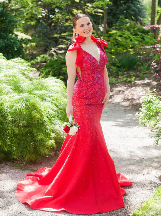 Deep V-Neck Sleeveless Fully Beaded Satin Trumpet Mermaid Prom Dress with Bows