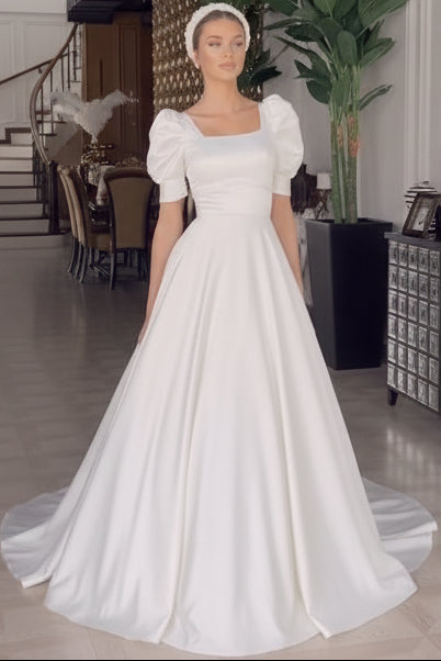 Square-Neck Short-Bell-Sleeves Satin Pleated A-Line Wedding Dress with Train